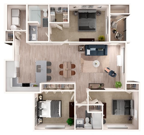 Floor plan for 3 beds, 2 baths, 1241 sqft